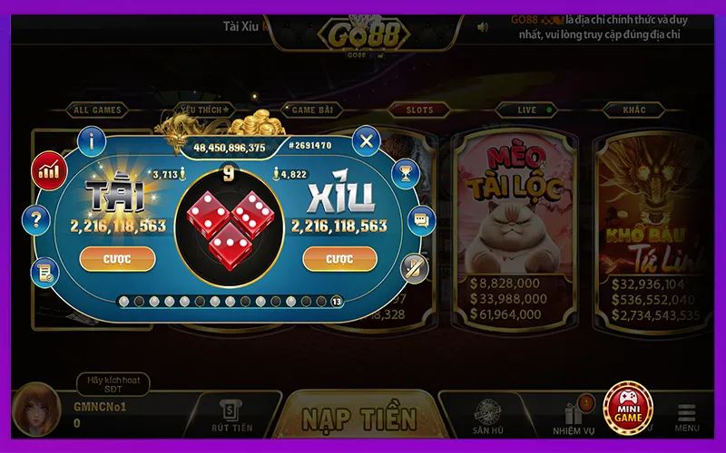 Giao diện trò chơi tài xỉu và slot tại GO88 mới nhất