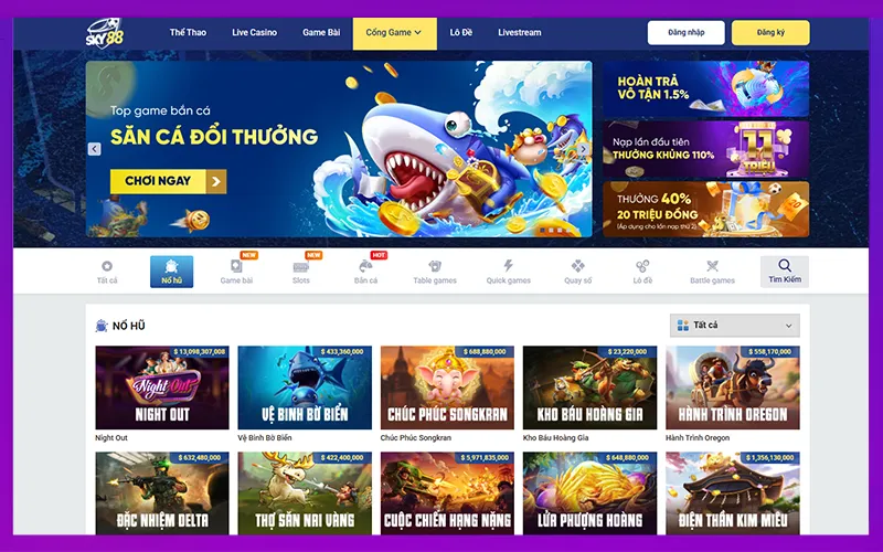 Giao diện game nổ hũ SKY88, sòng casino trực tuyến có giấy phép