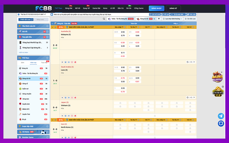 Bảng kèo thể thao hiển thị real-time từng trận