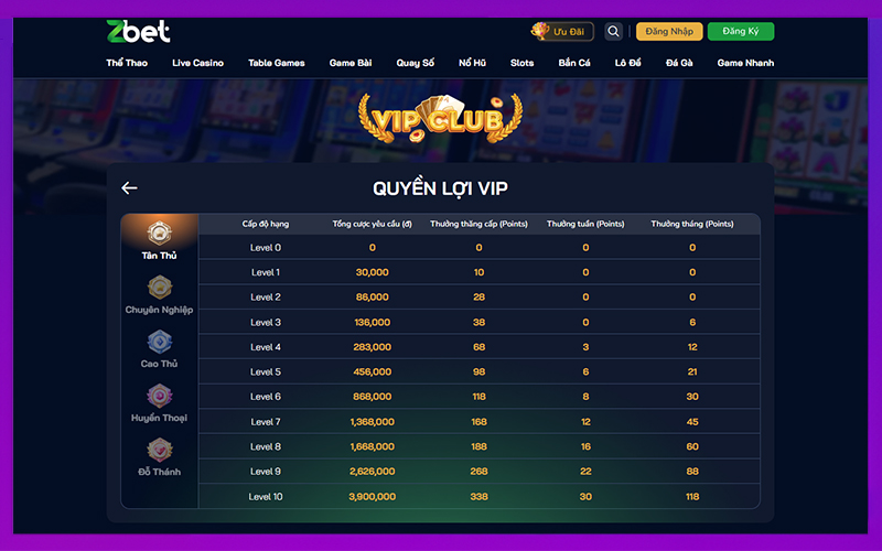 Biểu đồ cấp bậc VIP Club và điểm thưởng tích lũy