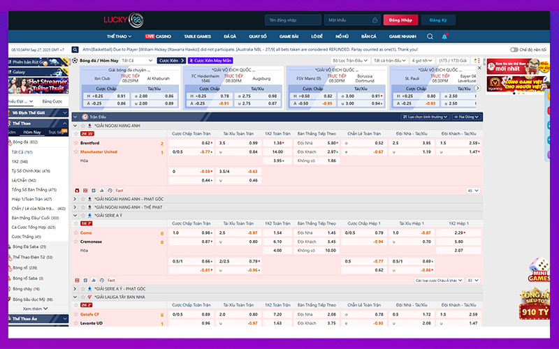 Cá cược thể thao LUCKY88 đa dạng kèo châu Á và tài xỉu