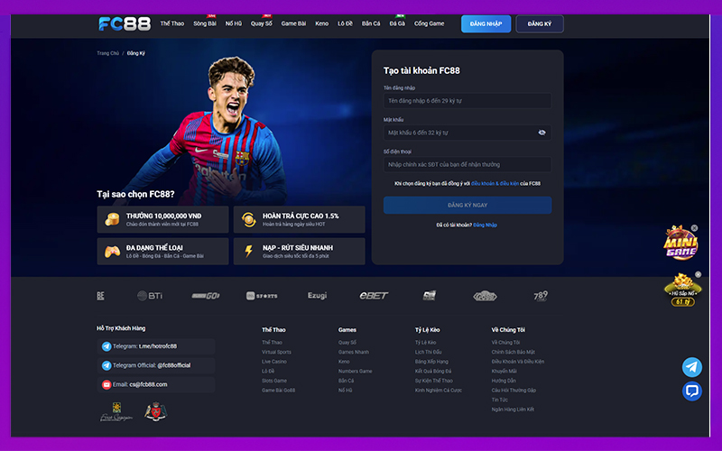 Giao diện đăng ký trước khi thực hiện nạp tiền