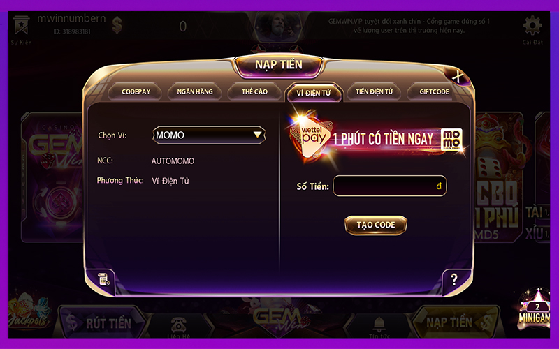 Giao diện nạp rút tiền GEMWIN qua ngân hàng và ví điện tử