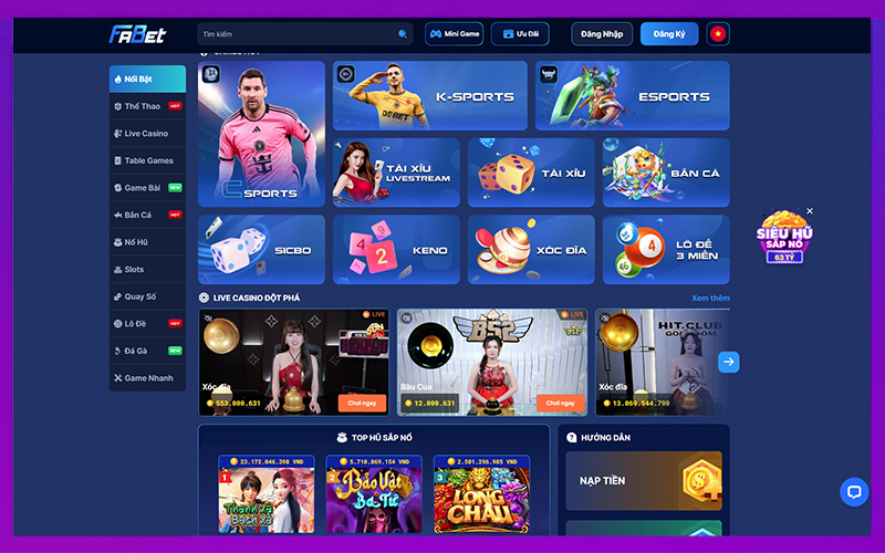 Hệ sinh thái game đa dạng gồm thể thao, live casino và slots