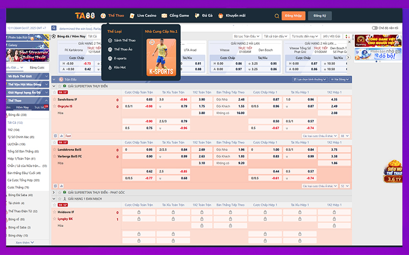 Sảnh thể thao hiển thị kèo đấu và quỹ thưởng lớn